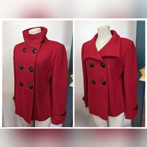 Red wool peacoat by designer Simon Chang. Size 11/12/L